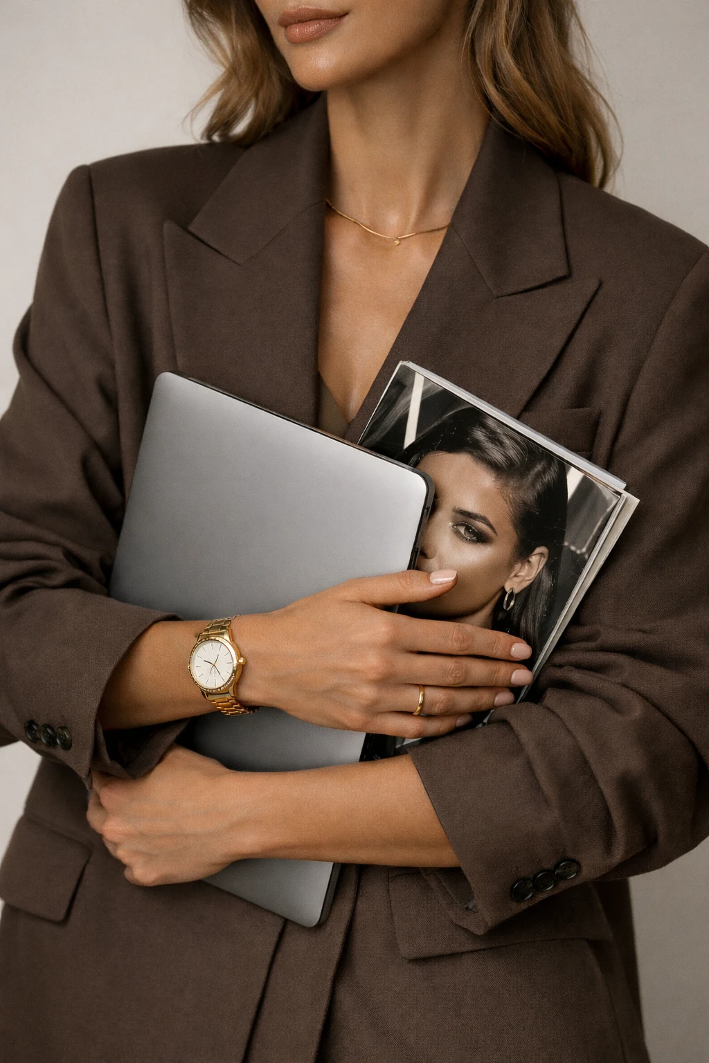 Fashion editorial with a laptop and magazine